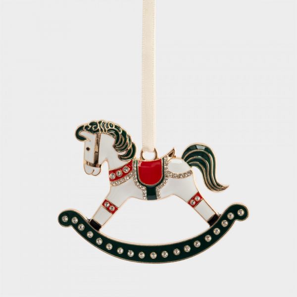 Игрушка елочная 8 см, металл, зелено-золотистая, Лошадка-качалка, New year
