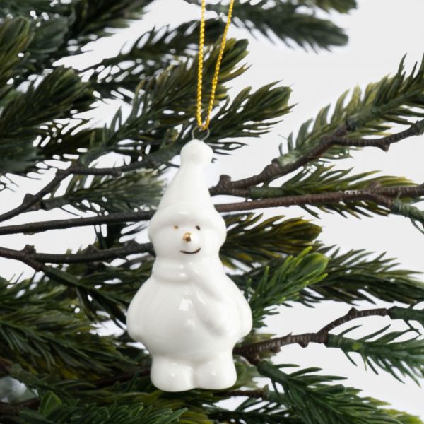 Игрушка елочная 7 см, фарфор, бело-золотистая, Снеговик, New year
