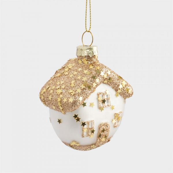 Игрушка елочная 4х6 см, стекло, золотистая, Домик, New year
