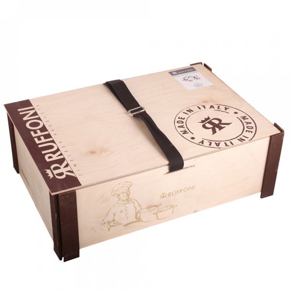 Набор медной посуды 5 предметов: сотейник, ковш, сковорода, 4 деревянные лопатки, медь/олово, с бронзовой декорированной ручкой, Historia decor RUFFONI