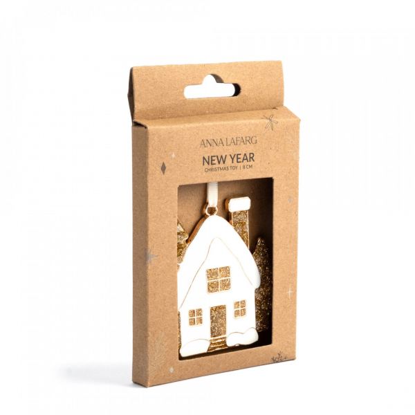 Игрушка елочная 8 см, металл, золотистая, Домик с елками, New year
