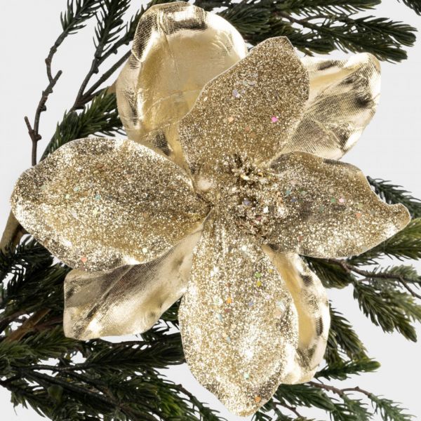 Украшение декоративное 20 см, на клипсе, пластик, золотистое, Цветок, New year
