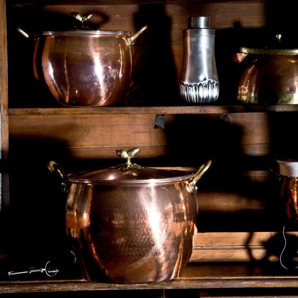 Медная кастрюля с крышкой 16 см, 2.3 л, медь/олово, с бронзовой декорированной ручкой, Historia decor RUFFONI