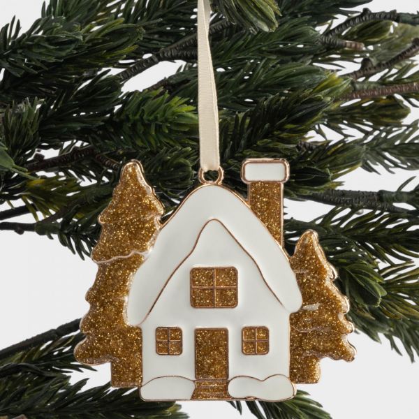 Игрушка елочная 8 см, металл, золотистая, Домик с елками, New year
