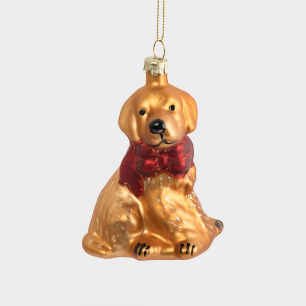 Игрушка елочная 7х9 см, стекло, золотистая, Собака с бантом, New year
