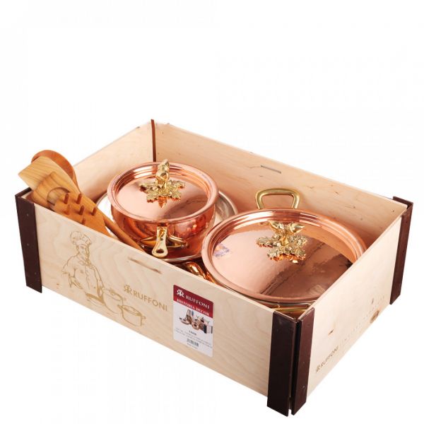 Набор медной посуды 5 предметов: сотейник, ковш, сковорода, 4 деревянные лопатки, медь/олово, с бронзовой декорированной ручкой, Historia decor RUFFONI