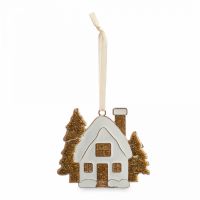 Игрушка елочная 8 см, металл, золотистая, Домик с елками, New year