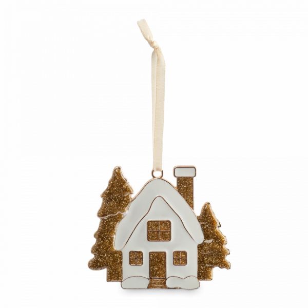 Игрушка елочная 8 см, металл, золотистая, Домик с елками, New year
