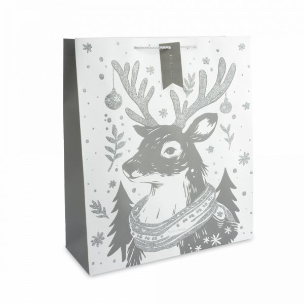 Пакет подарочный 42х48 см, бумага, белый, Олень в шарфе, Maral grey