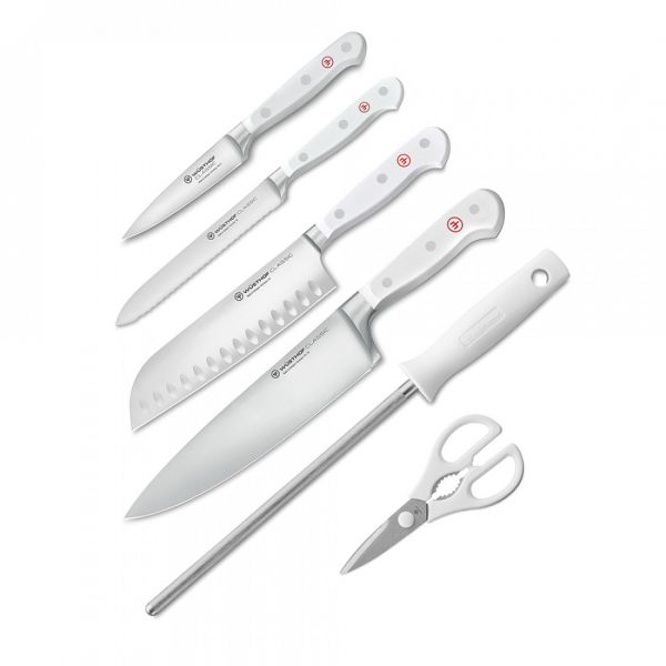 Набор из 4-х кухонных ножей в дизайнерской подставке + ножницы и мусат, White Classic, WUESTHOF, Золинген