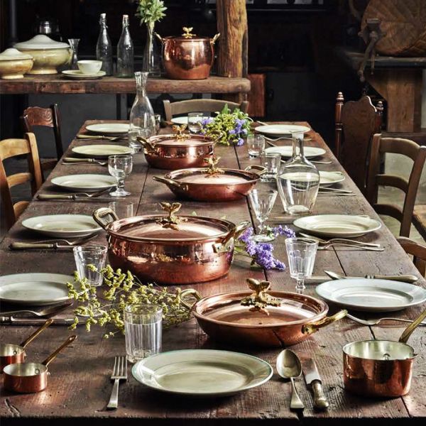 Медная кастрюля с крышкой 20 см, 5 л, медь/олово, с бронзовой декорированной ручкой, Historia decor RUFFONI