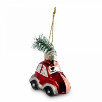 Игрушка елочная 4х6 см, стекло, красная, Машина с елкой, New year