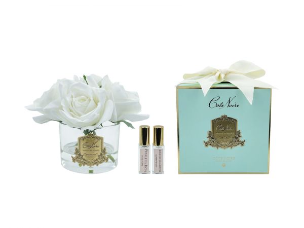 FIVE ROSE white jade boxБукет из 5 роз ароматизированный, цвет белый прозрачная ваза, 1 спрей 15 м