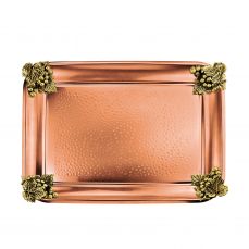 Поднос прямоугольный с латунными накладками на углы 'Виноград' медный кованый