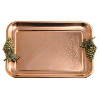 Поднос прямоугольный с латунными накладками 'Виноград' медный кованый