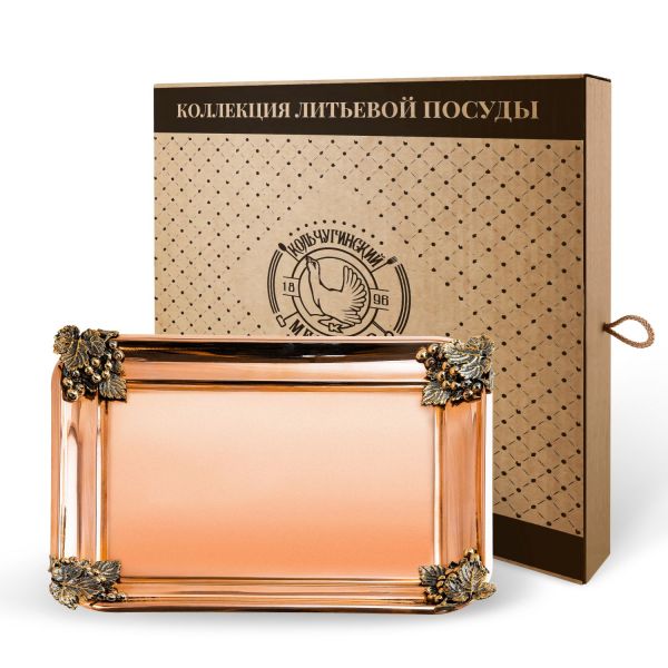 Поднос прямоугольный с медными накладками на углы 'Виноград' медный