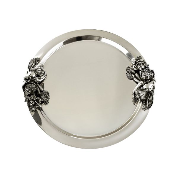 Поднос декоративный круглый с накладками 'Овощи' латунный посеребренный с чернением