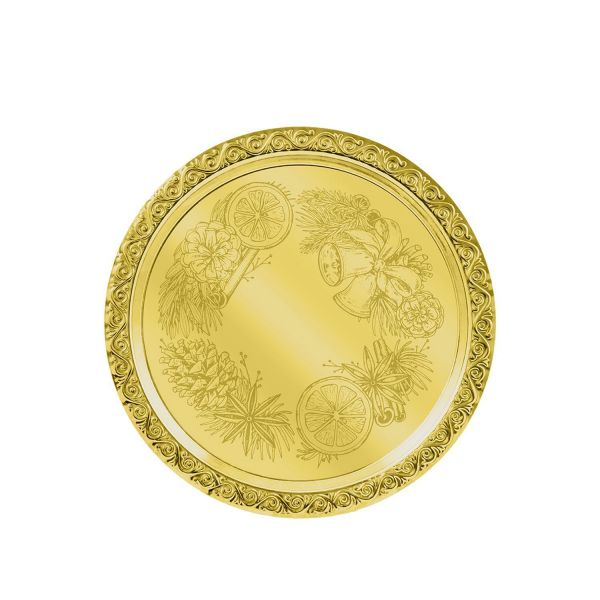 Поднос декоративный круглый с лазерной гравировкой 'Рождественский венок' латунный