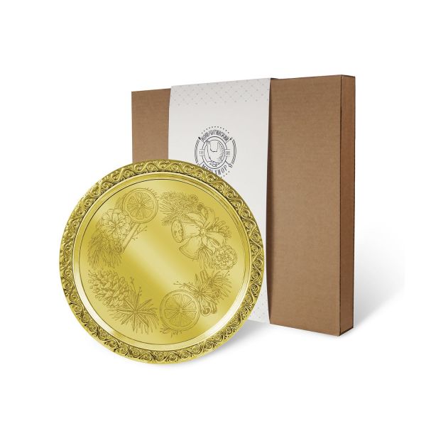 Поднос декоративный круглый с лазерной гравировкой 'Рождественский венок' латунный