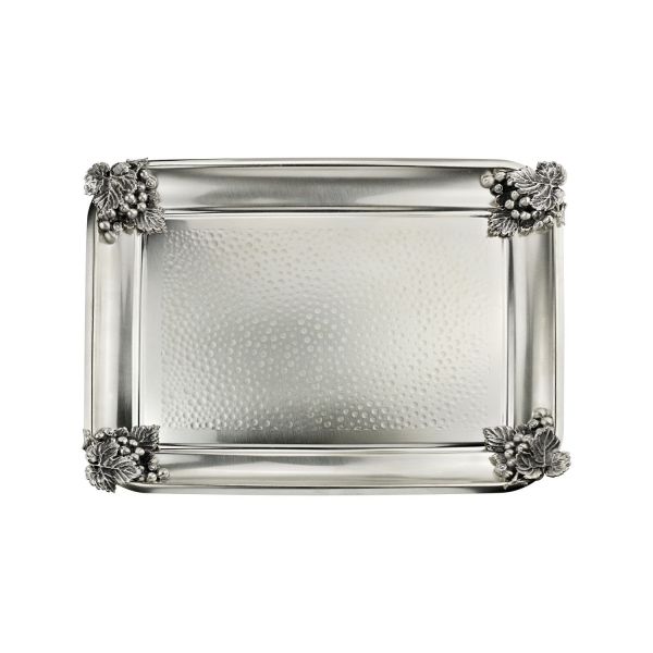Поднос прямоугольный с латунными накладками на углы 'Виноград' медный посеребренный кованый