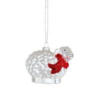 Игрушка елочная, 10 см, стекло, серебристая, Овечка в шарфе, New Year