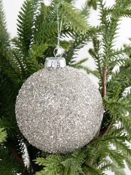Игрушка елочная, 10 см, стекло, с блестками, серебристая, Шар, New Year