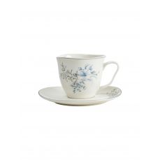 Чайная пара 250 мл на 1 персонц, 2 предмета, костяной фарфор, белая, с серебристым кантом, Голубые цветы, Ice flower ANNA LAFARG