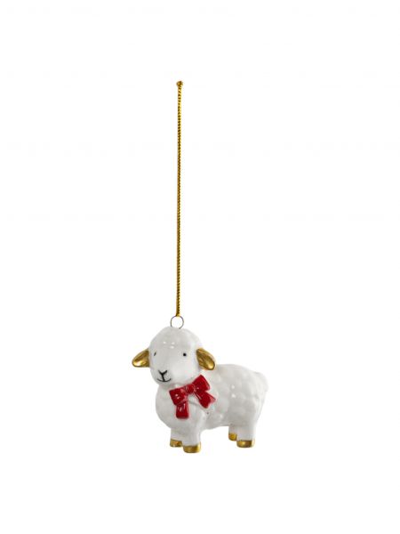 Игрушка елочная, 6 см, фарфор P, молочно-золотистая, Овечка с бантом, Sheep