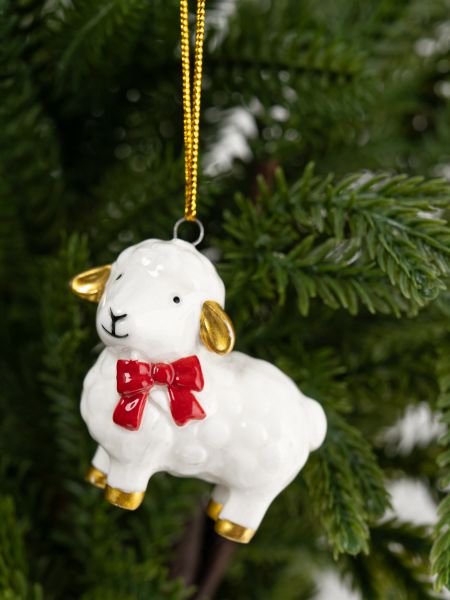 Игрушка елочная, 6 см, фарфор P, молочно-золотистая, Овечка с бантом, Sheep