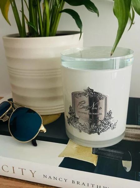 Свеча PROSECCO 450 гр , белый стаканчик, серебряный декор, время горения 100