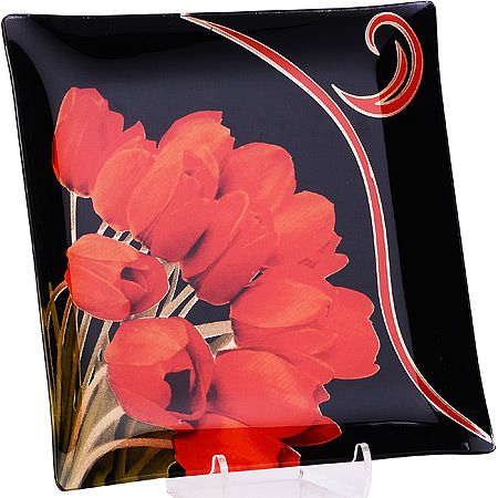 Набор тарелок из 7шт 'Аркофам' из стекла Тюльпаны на черном фоне