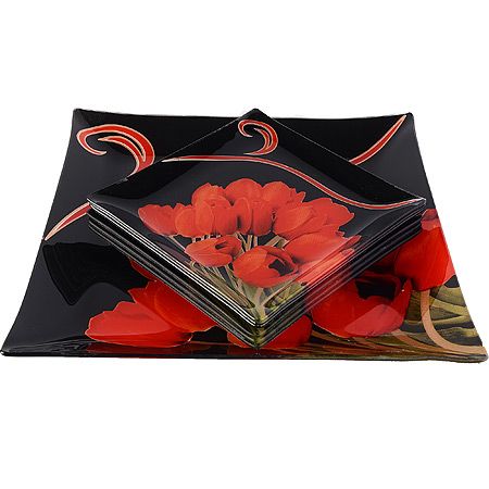 Набор тарелок из 7шт 'Аркофам' из стекла Тюльпаны на черном фоне