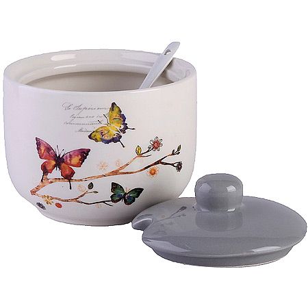 Сахарница с крышкой 520 мл с ложкой 3 предмета Бабочки в саду доломит LORAINE 60127
