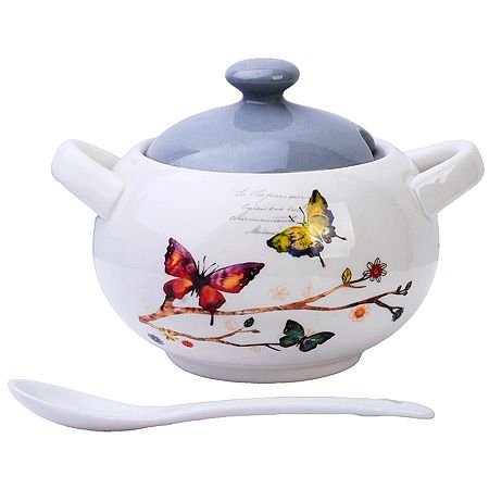 Сахарница с крышкой 375 мл с ложкой 3 предмета Бабочки в саду доломит LORAINE 60128
