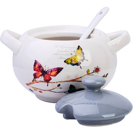 Сахарница с крышкой 375 мл с ложкой 3 предмета Бабочки в саду доломит LORAINE 60128
