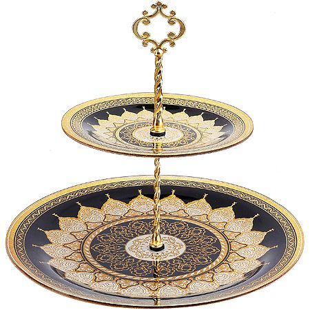 Этажерка 2 уровня стеклянная, круглая, черный/белый/золотой