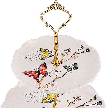 Конфетница 3-х ярусная Бабочки в саду доломит/ металл LORAINE 60133