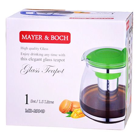 Чайник заварочный Mayer&Boch 1,5 л из стекла с черной ручкой и крышкой 