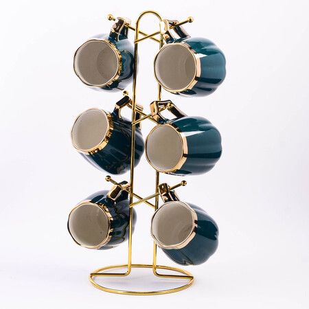 Набор кружек 6 шт 370 мл на подставке 7 предметов, фарфор/металл LORAINE 12083
