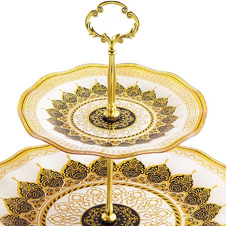 Этажерка 2 уровня стеклянная, круглая, белый/золотой