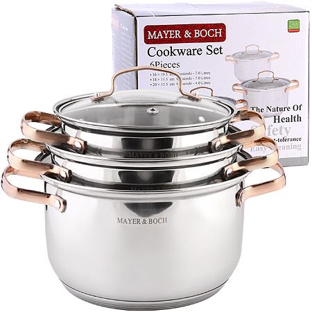 Набор кастрюль 2л+3л+4л из нержавеющей стали, золотистые ручки Mayer&Boch