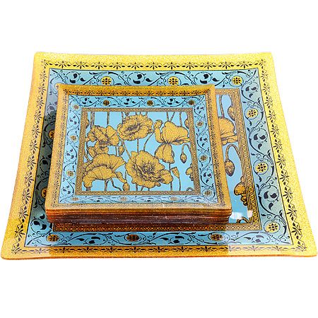 Набор квадратный тарелок из 7 шт, голубой, золотой 2009-14