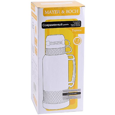 Термос 1,8л + 2 чашки стеклянная колба фиолетовый Mayer&Boch