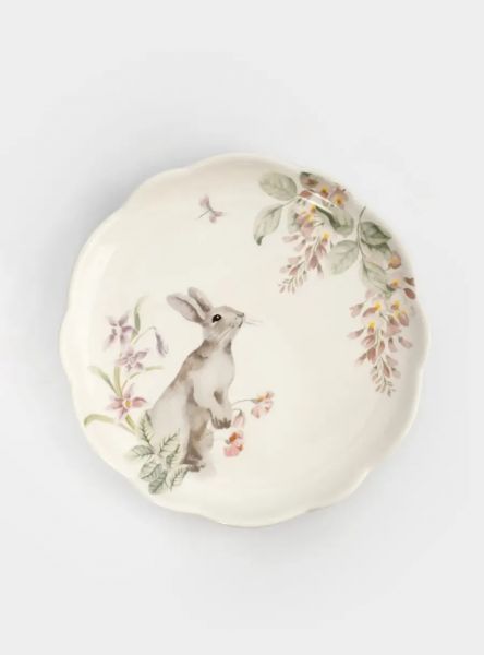 Тарелка обеденная 25 см, керамика, белая, Кролик с цветами, Flower Rabbit