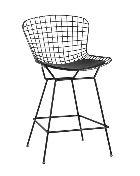 Стул полубарный с низкой спинкой Bertoia черный с черной подушкой Stool Group