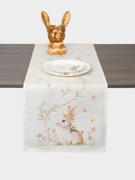 Дорожка настольная 40х160 см, полиэстер/лен, бежевая, Кролик в цветах, Easter rabbit
