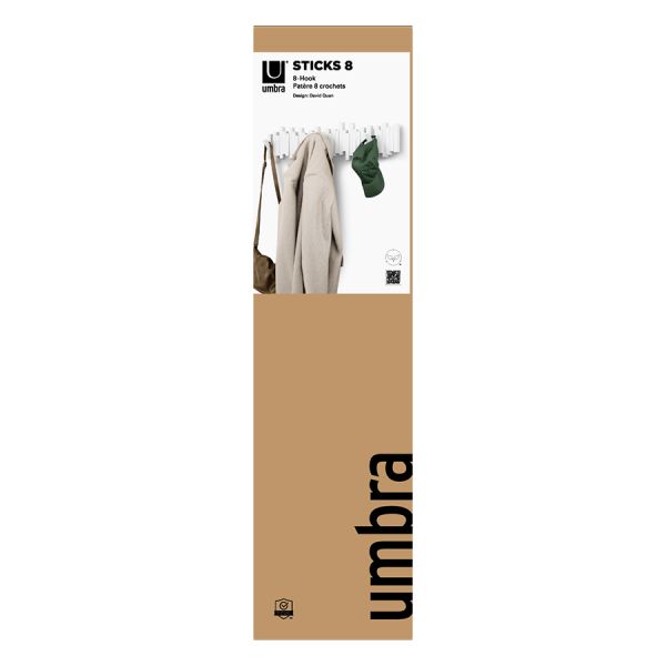 Вешалка настенная sticks 72 см, 8 крючков, белая, Umbra, 1023536-660
