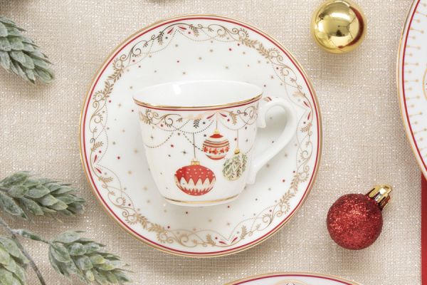 Пара кофейная 80 мл Новогодние шары, Christmas Eve, на 2 персоны, 4 предмета, фарфор, белая Easy Life