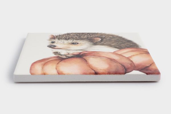 Подставка под кружку 11 см, квадратная, керамика/пробка, белая, Еж Autumn forest ANNA LAFARG