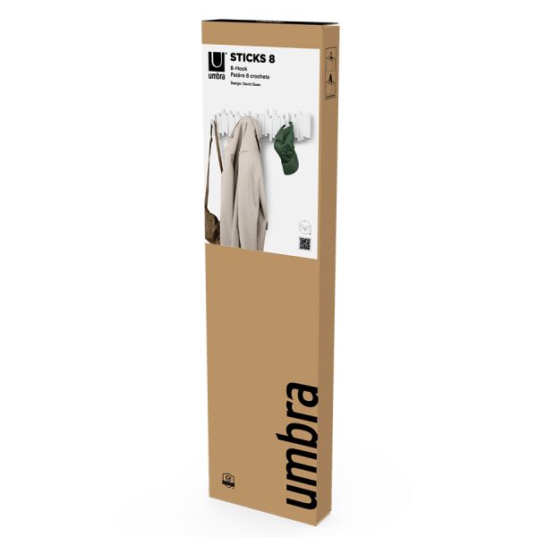 Вешалка настенная sticks 72 см, 8 крючков, белая, Umbra, 1023536-660
